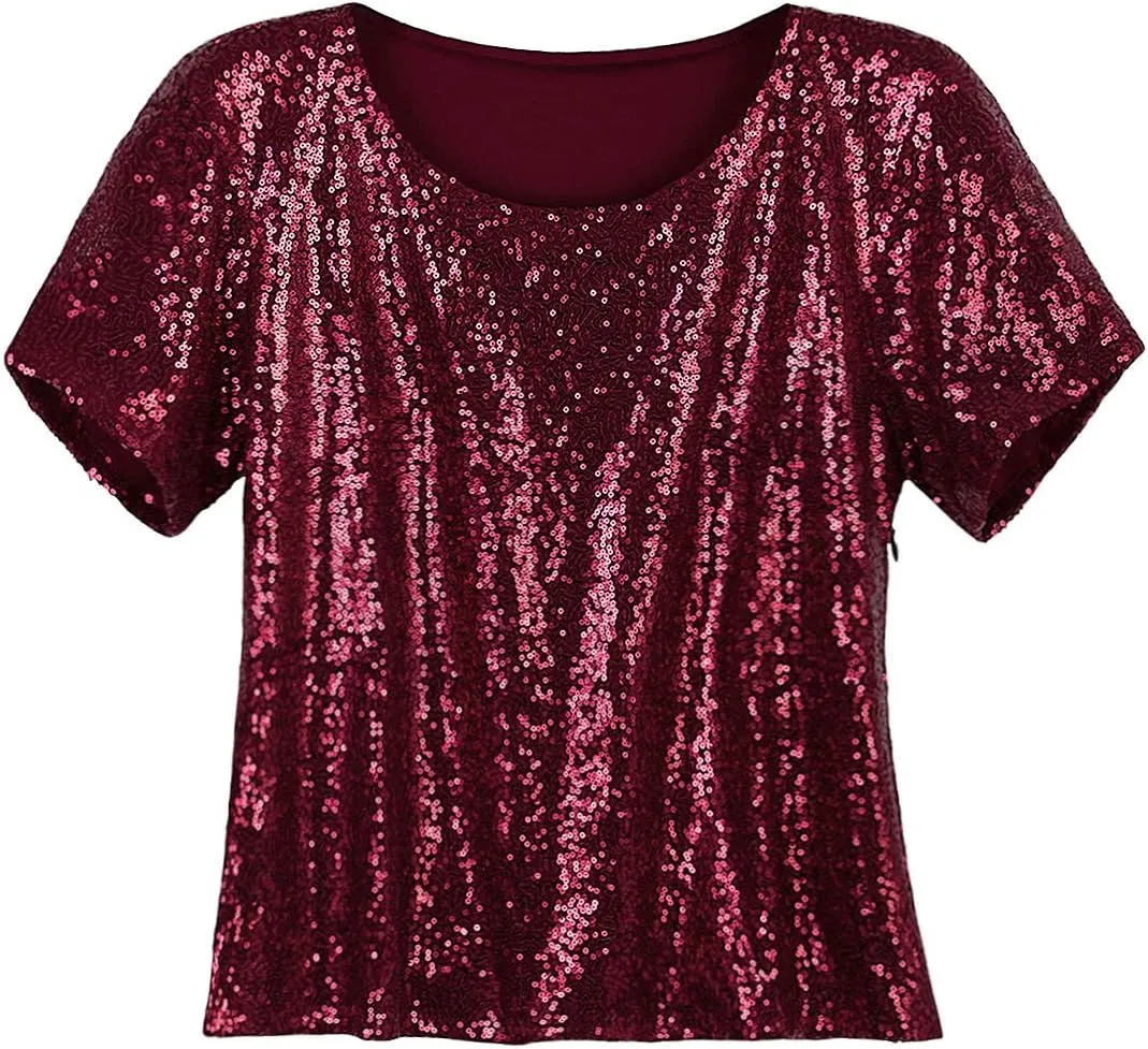 Vijiv Women's Glitter Glam Sequin Top Loose Sleeves Sparkly Shimmer Party Bridesmaid Sequined Tunic Top