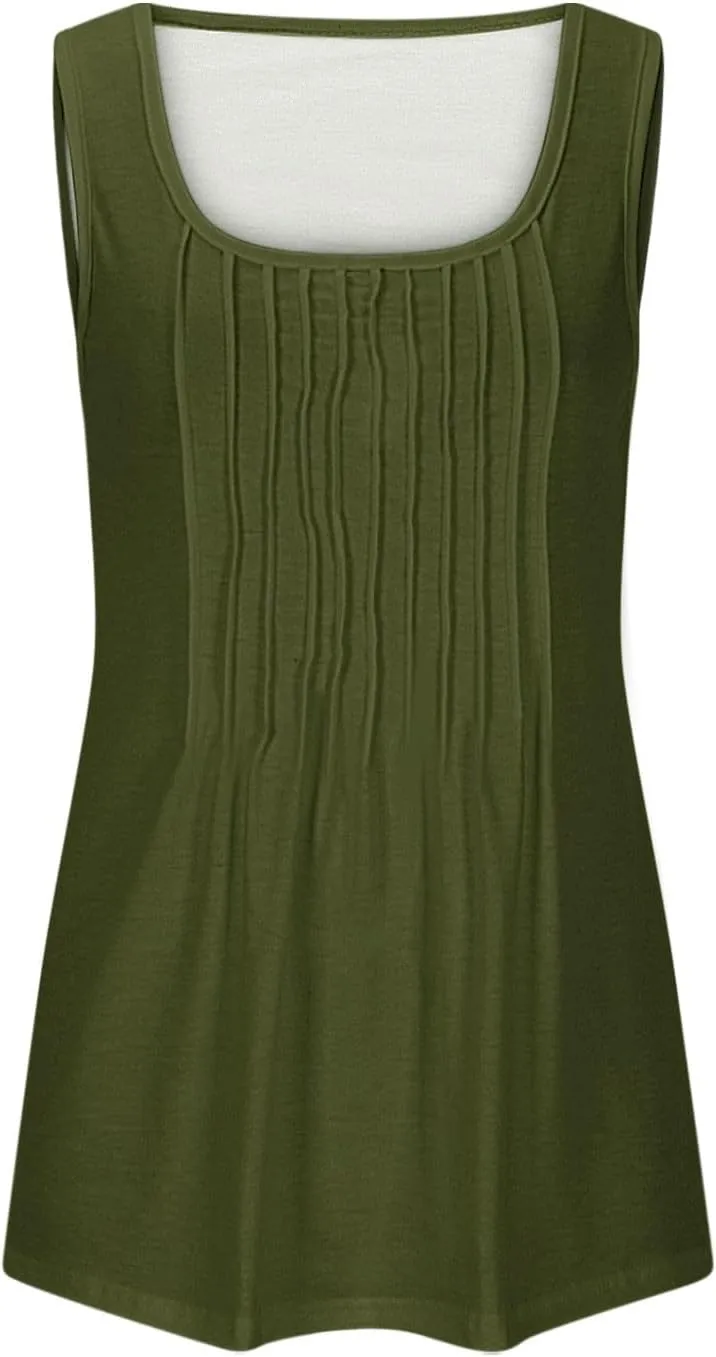 Wkishenl Womens Tank Tops Pleated Crew Neck Sleeveless Tops Plus Size Solid Color Tunic Tops Loose Fit Dressy Casual Blouse