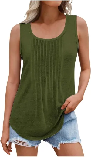Wkishenl Womens Tank Tops Pleated Crew Neck Sleeveless Tops Plus Size Solid Color Tunic Tops Loose Fit Dressy Casual Blouse