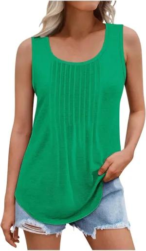 Wkishenl Womens Tank Tops Pleated Crew Neck Sleeveless Tops Plus Size Solid Color Tunic Tops Loose Fit Dressy Casual Blouse