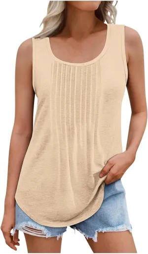 Wkishenl Womens Tank Tops Pleated Crew Neck Sleeveless Tops Plus Size Solid Color Tunic Tops Loose Fit Dressy Casual Blouse