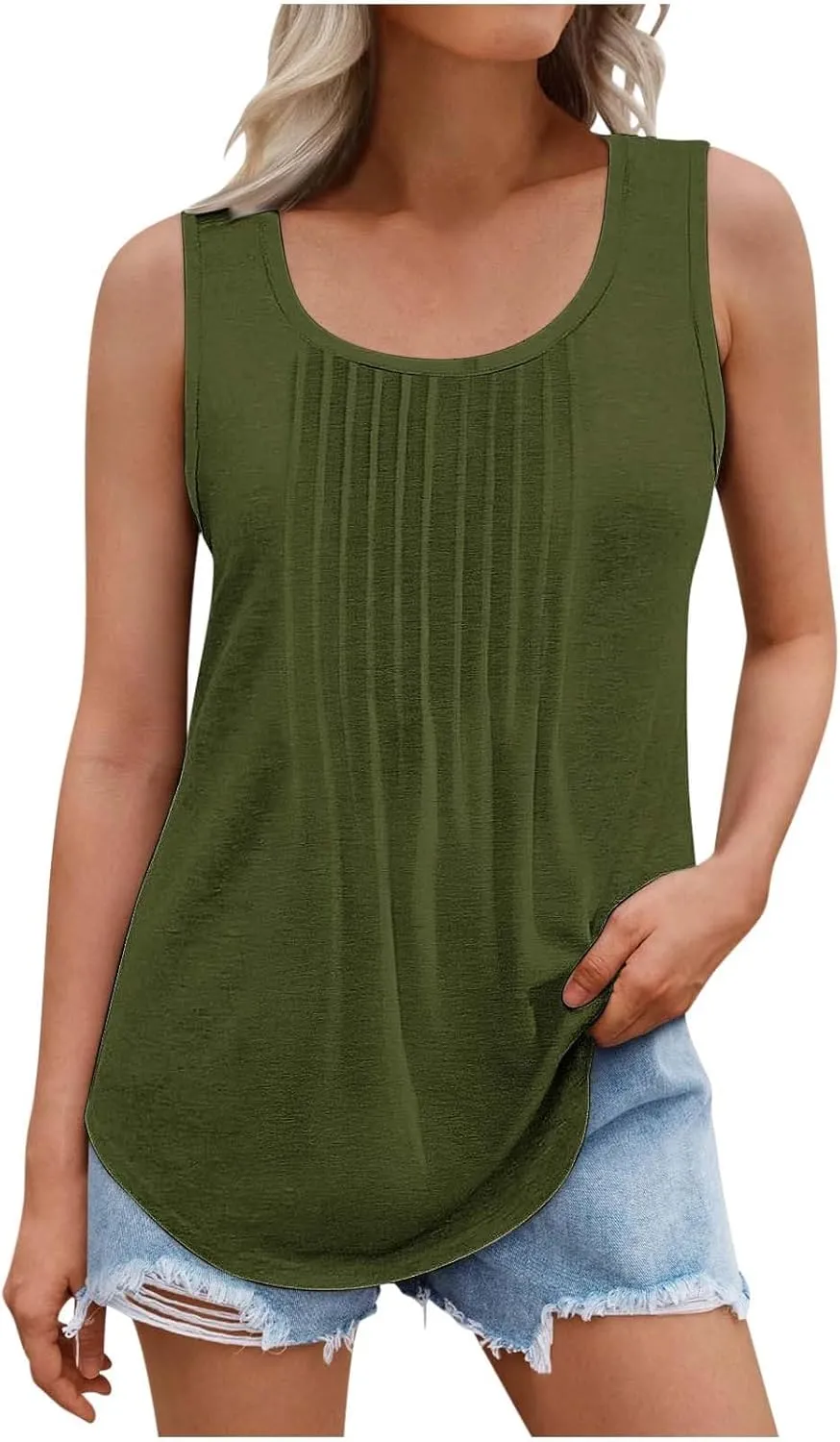 Wkishenl Womens Tank Tops Pleated Crew Neck Sleeveless Tops Plus Size Solid Color Tunic Tops Loose Fit Dressy Casual Blouse
