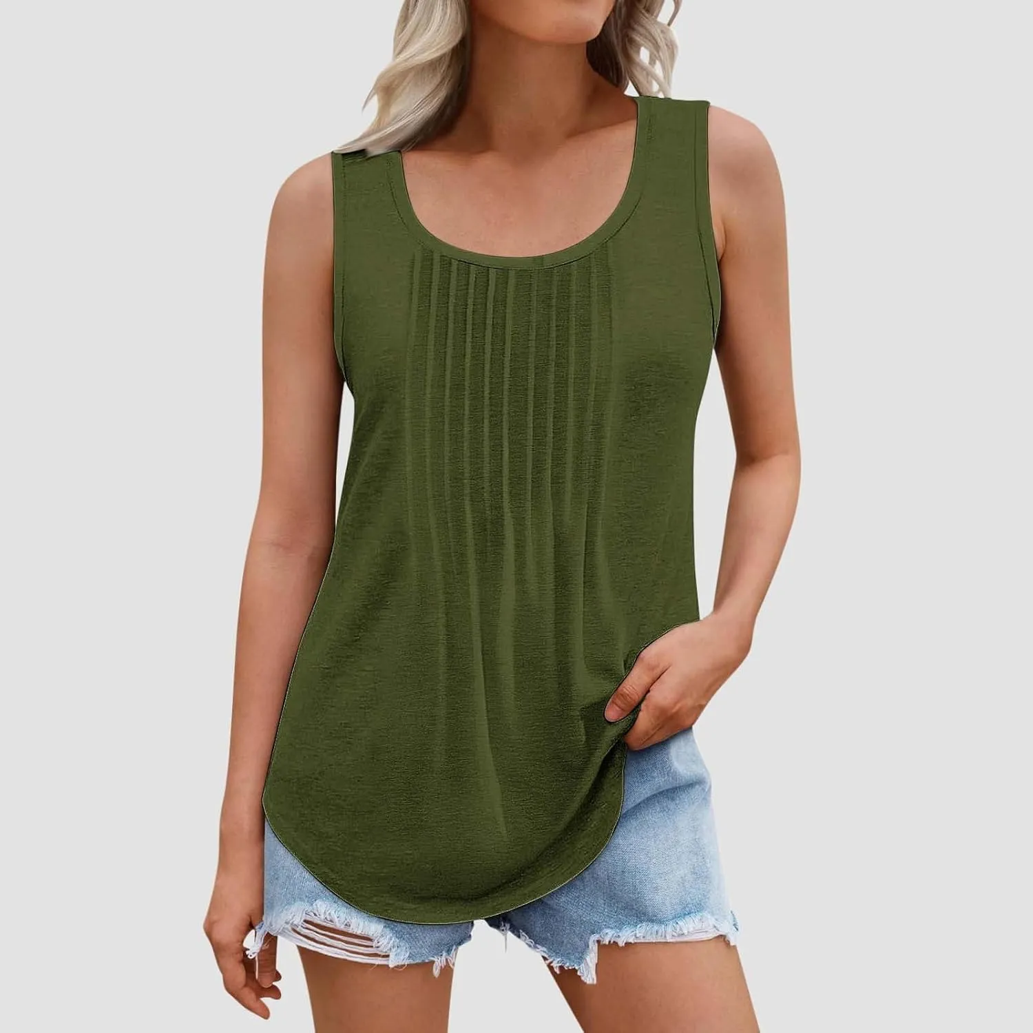Wkishenl Womens Tank Tops Pleated Crew Neck Sleeveless Tops Plus Size Solid Color Tunic Tops Loose Fit Dressy Casual Blouse