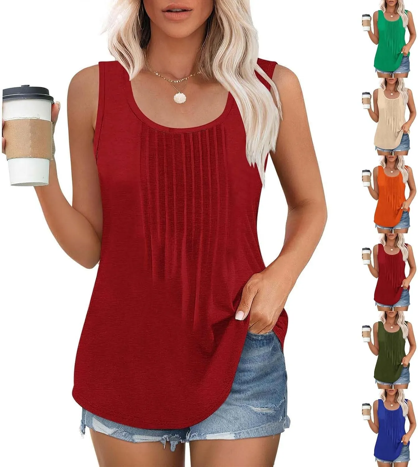 Wkishenl Womens Tank Tops Pleated Crew Neck Sleeveless Tops Plus Size Solid Color Tunic Tops Loose Fit Dressy Casual Blouse