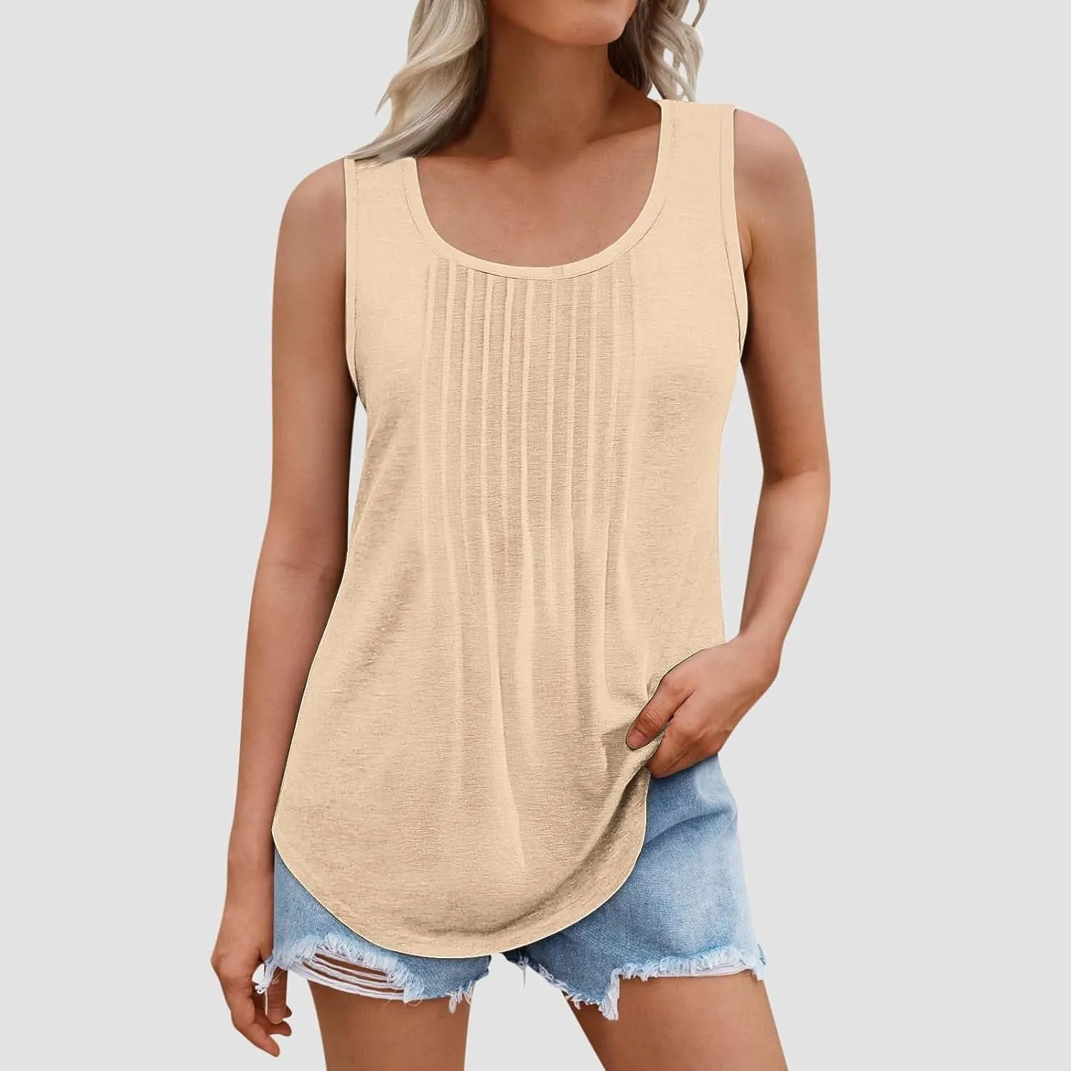 Wkishenl Womens Tank Tops Pleated Crew Neck Sleeveless Tops Plus Size Solid Color Tunic Tops Loose Fit Dressy Casual Blouse