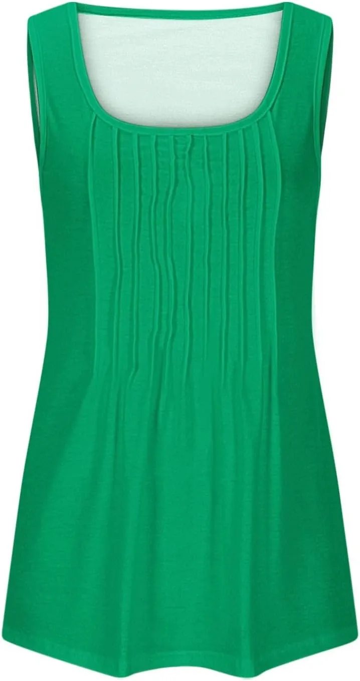 Wkishenl Womens Tank Tops Pleated Crew Neck Sleeveless Tops Plus Size Solid Color Tunic Tops Loose Fit Dressy Casual Blouse