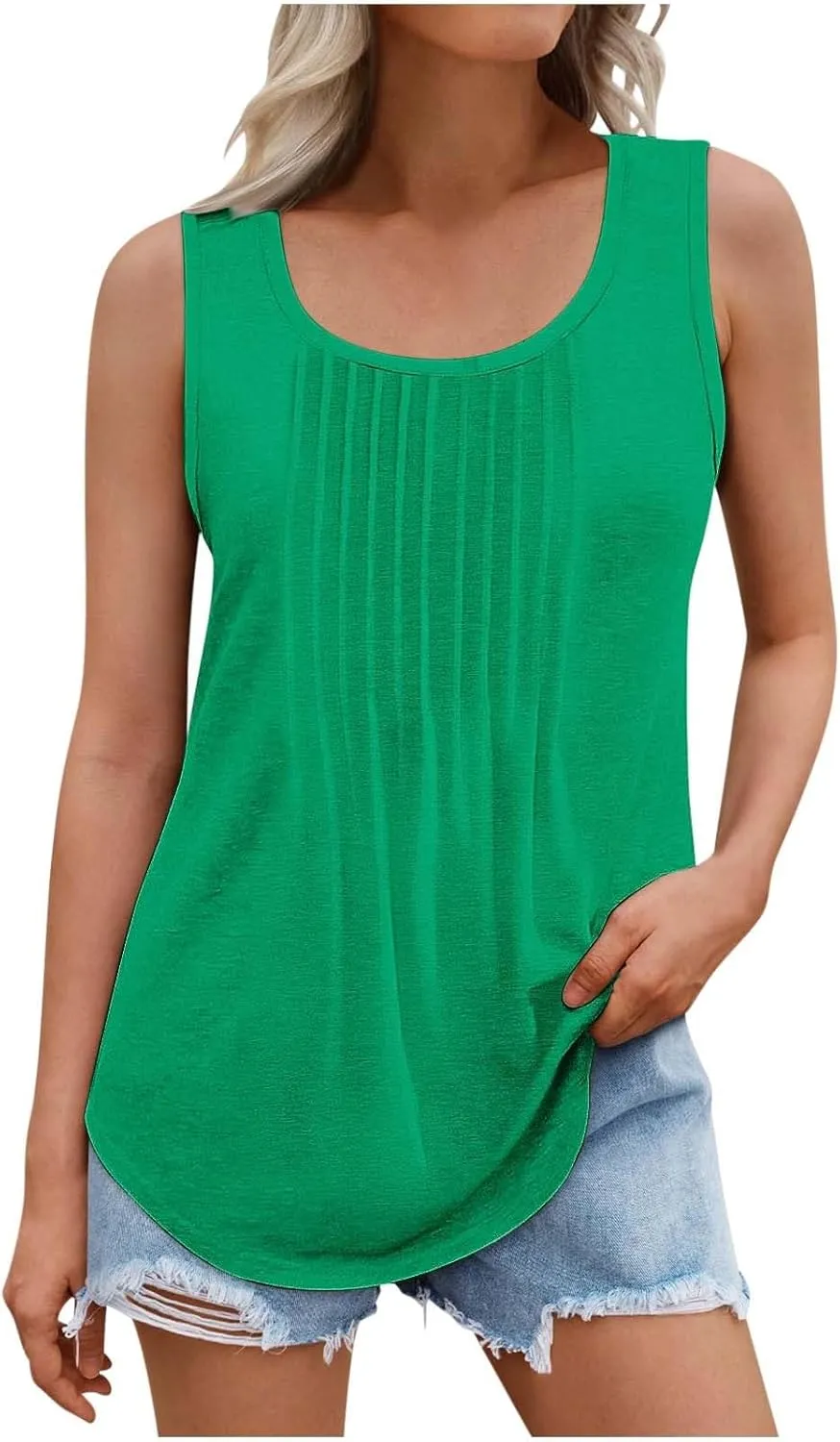 Wkishenl Womens Tank Tops Pleated Crew Neck Sleeveless Tops Plus Size Solid Color Tunic Tops Loose Fit Dressy Casual Blouse