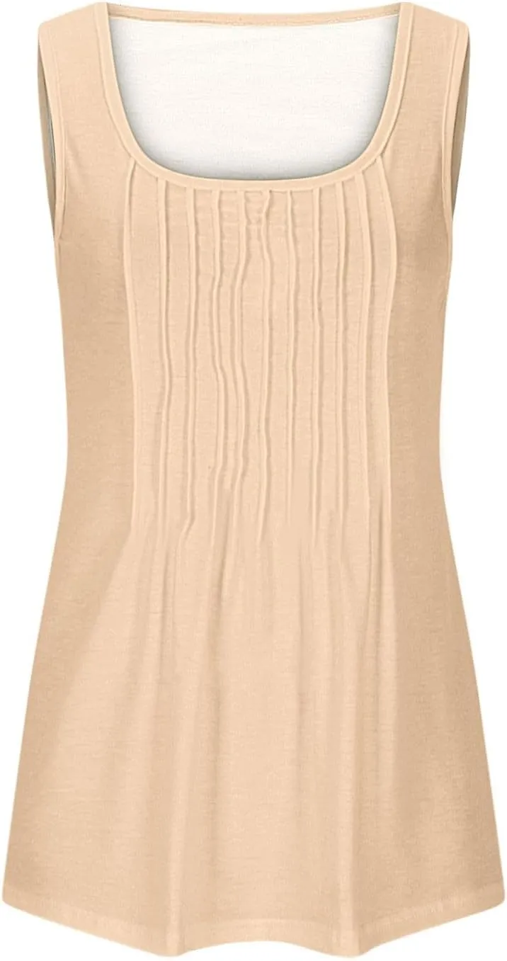 Wkishenl Womens Tank Tops Pleated Crew Neck Sleeveless Tops Plus Size Solid Color Tunic Tops Loose Fit Dressy Casual Blouse