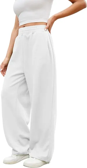 Women Baggy Sweatpants Casual Wide Leg Drawstring Athletic Fit Lounge Joggers Pants Trousers with Pockets White
