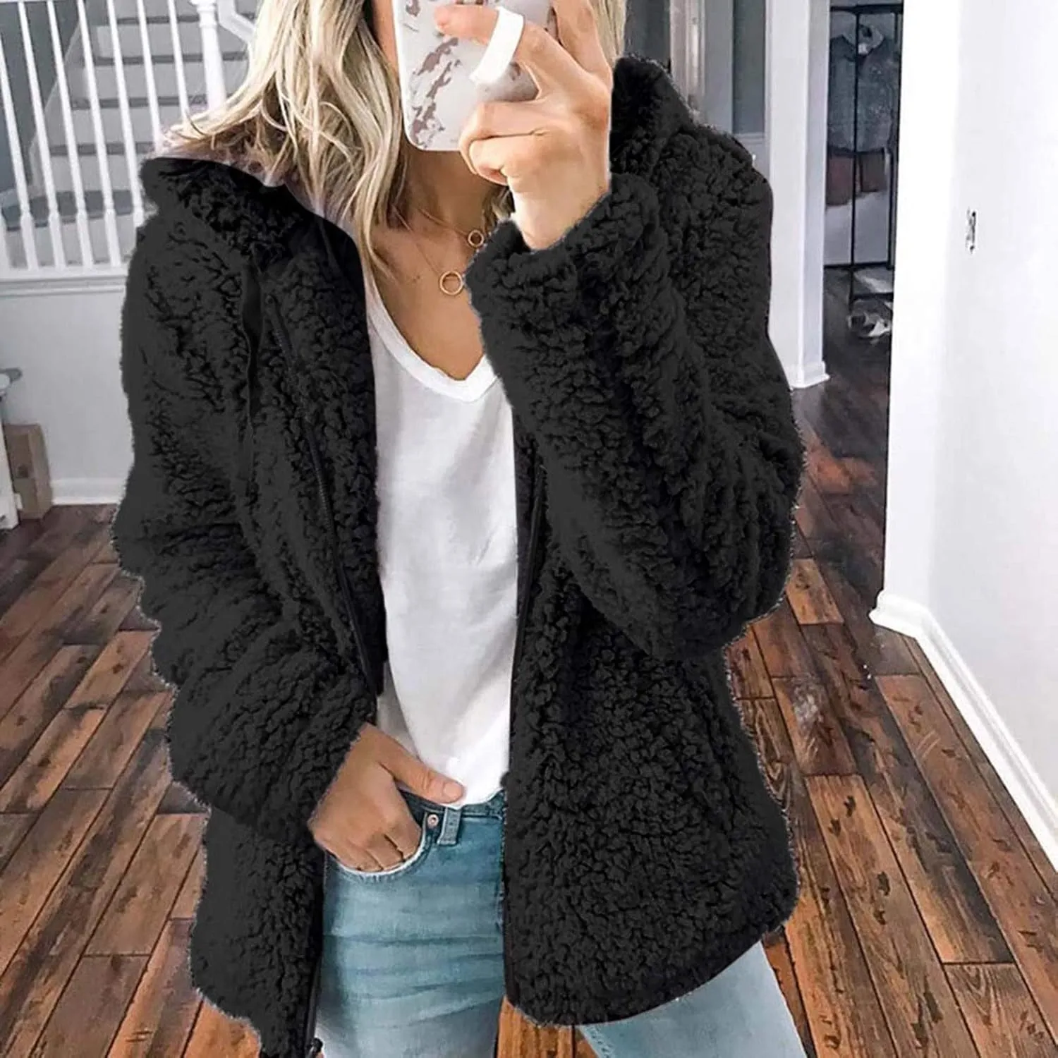 Women Fuzzy Fleece Zip Up Jacket Hooded Sherpa Lined Sweatshirt Casual Soft Fuzzy Shaggy Teddy Coat Fluffy Outerwear