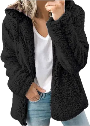 Women Fuzzy Fleece Zip Up Jacket Hooded Sherpa Lined Sweatshirt Casual Soft Fuzzy Shaggy Teddy Coat Fluffy Outerwear