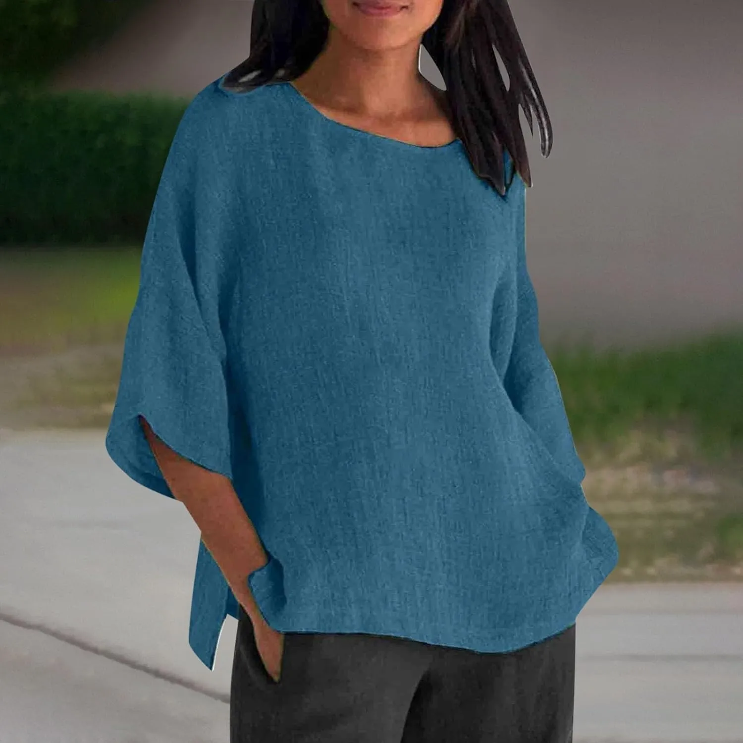 Women Linen Shirts Summer Cotton Linen Boho Short Sleeve T-Shirt Casual Loose Basic V Neck Blouse Top