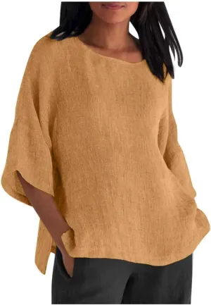 Women Linen Shirts Summer Cotton Linen Boho Short Sleeve T-Shirt Casual Loose Basic V Neck Blouse Top