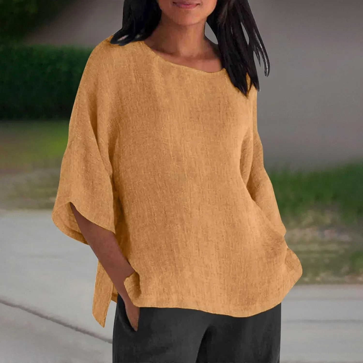 Women Linen Shirts Summer Cotton Linen Boho Short Sleeve T-Shirt Casual Loose Basic V Neck Blouse Top