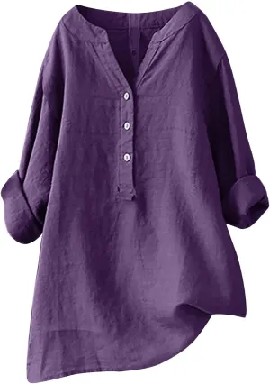 Women Linen Shirts V-Neck Buttons Blouse Plain Solid Comfy Tee Top Long Sleeve Loose T-Shirts