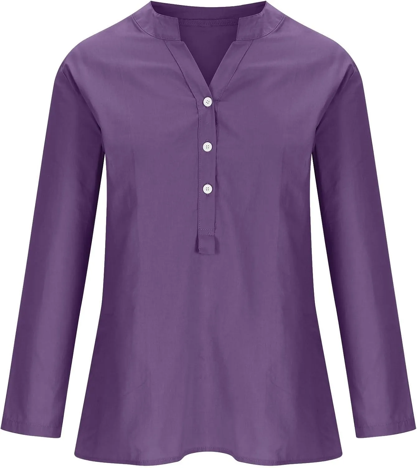 Women Linen Shirts V-Neck Buttons Blouse Plain Solid Comfy Tee Top Long Sleeve Loose T-Shirts