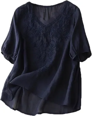 Women Linen Shirts V-Neck Embroidered Blouse Lapel Collar 2025 Fashion Tops Short Sleeve Loose Fit Tunic Tops