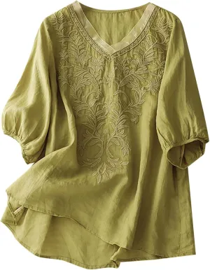 Women Linen Shirts V-Neck Embroidered Blouse Lapel Collar 2025 Fashion Tops Short Sleeve Loose Fit Tunic Tops