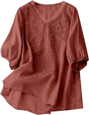 Women Linen Shirts V-Neck Embroidered Blouse Lapel Collar 2025 Fashion Tops Short Sleeve Loose Fit Tunic Tops