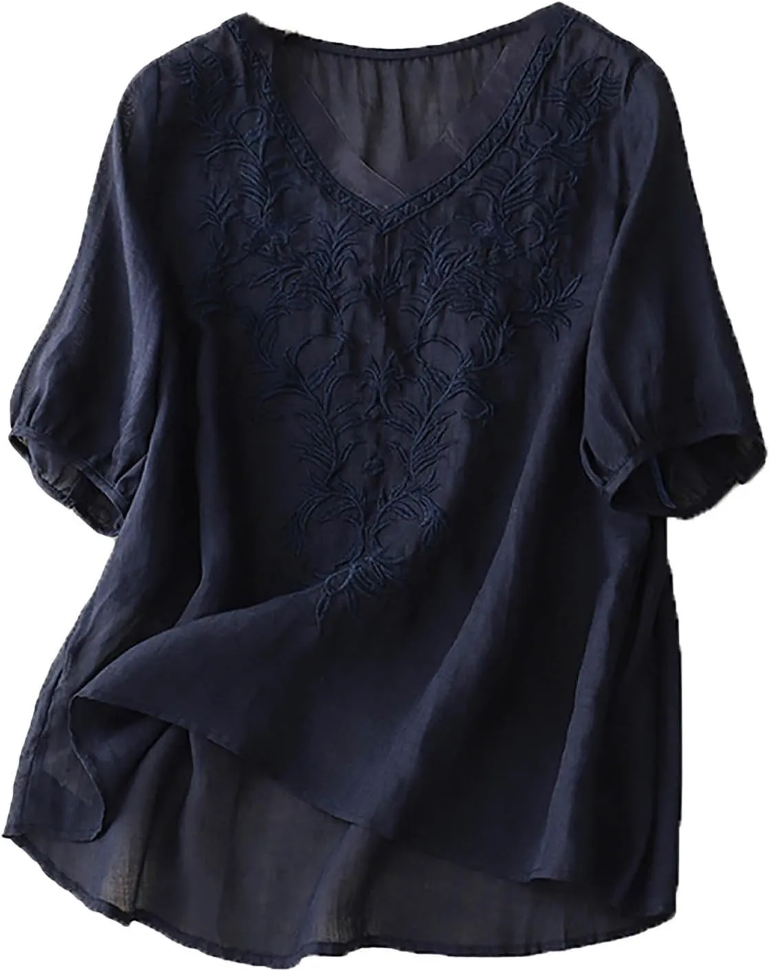 Women Linen Shirts V-Neck Embroidered Blouse Lapel Collar 2025 Fashion Tops Short Sleeve Loose Fit Tunic Tops