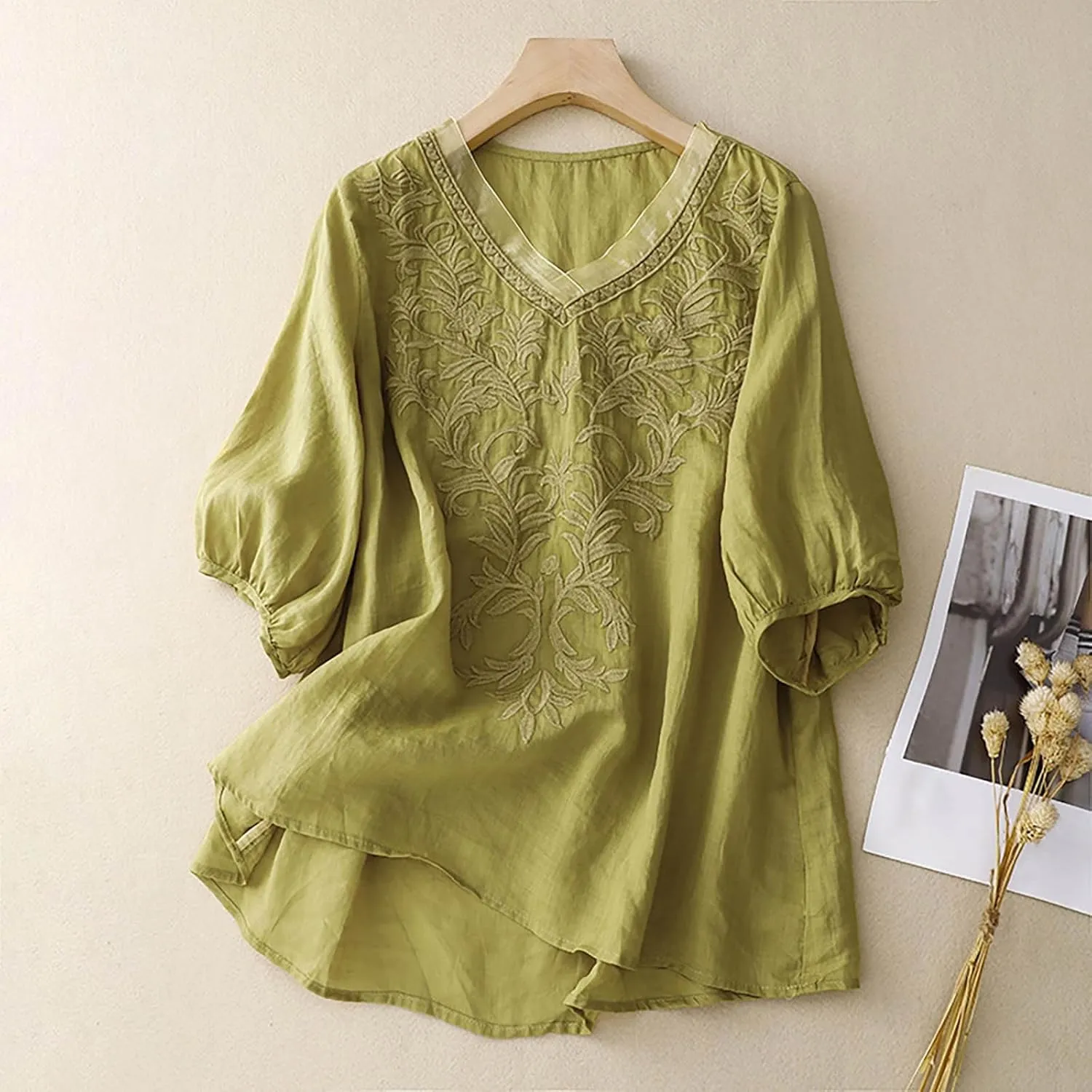 Women Linen Shirts V-Neck Embroidered Blouse Lapel Collar 2025 Fashion Tops Short Sleeve Loose Fit Tunic Tops