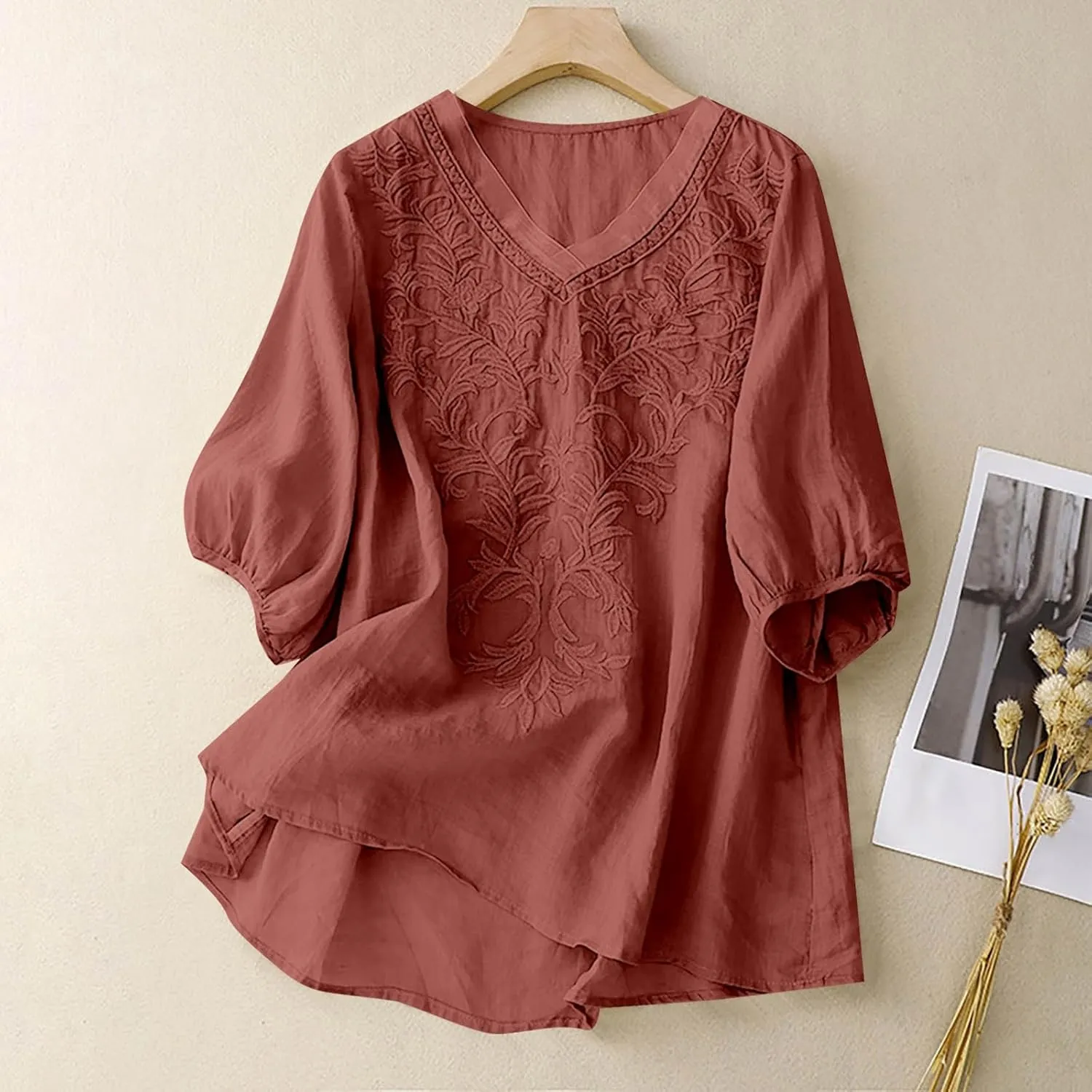 Women Linen Shirts V-Neck Embroidered Blouse Lapel Collar 2025 Fashion Tops Short Sleeve Loose Fit Tunic Tops