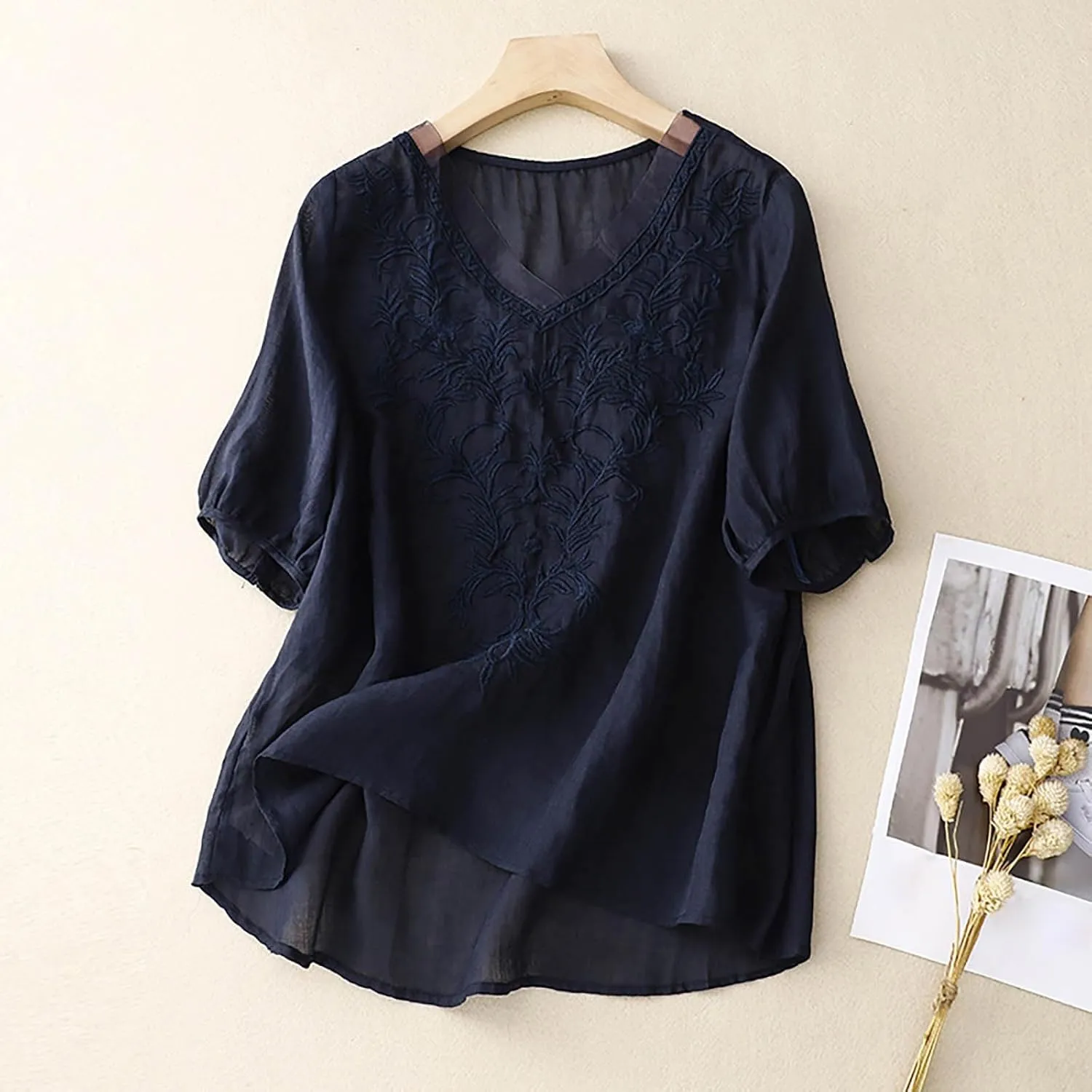 Women Linen Shirts V-Neck Embroidered Blouse Lapel Collar 2025 Fashion Tops Short Sleeve Loose Fit Tunic Tops