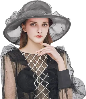 Women Organza Hat Church Cap Cocktail Tea Party Wedding Flower Hat Summer Wide Brim Sun Hat
