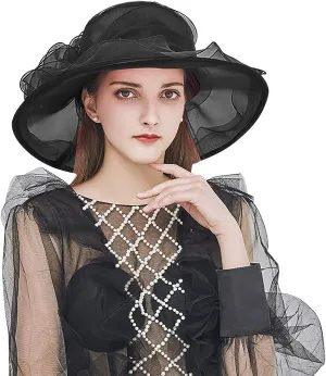 Women Organza Hat Church Cap Cocktail Tea Party Wedding Flower Hat Summer Wide Brim Sun Hat