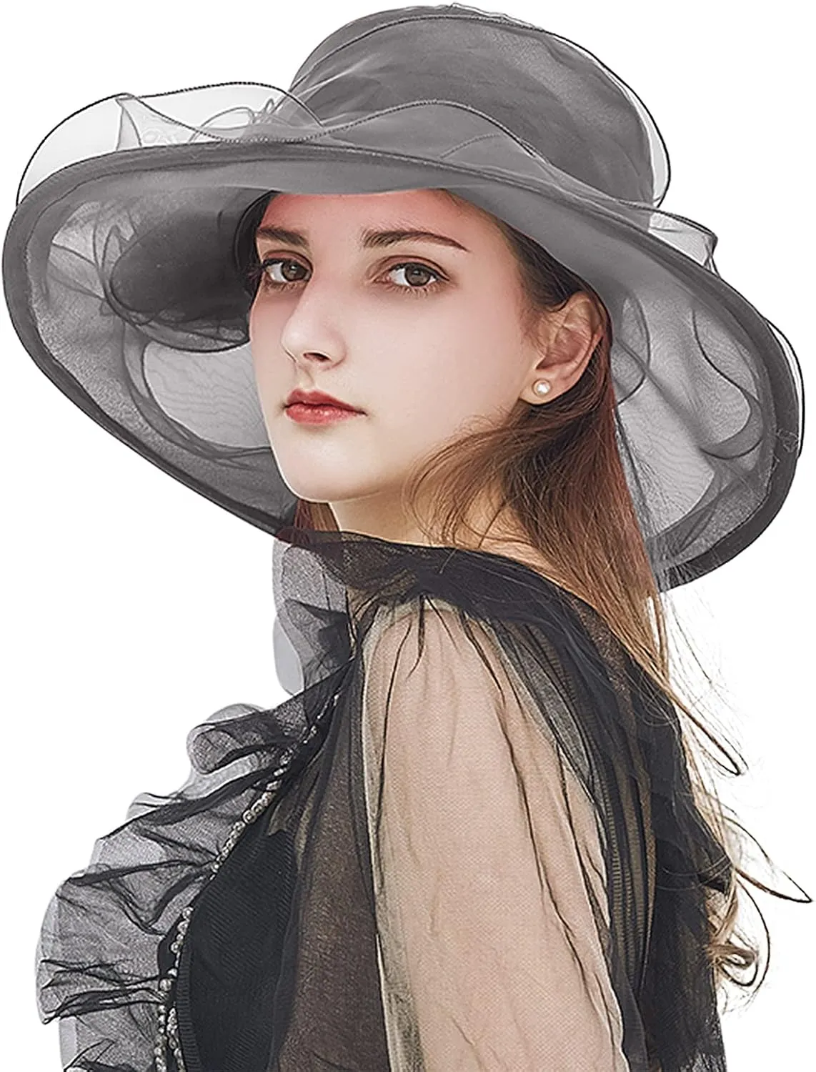 Women Organza Hat Church Cap Cocktail Tea Party Wedding Flower Hat Summer Wide Brim Sun Hat