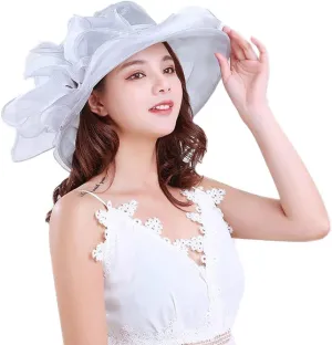 Women Organza Hat Church Cap Cocktail Tea Party Wedding Flower Hat Summer Wide Brim Sun Hat
