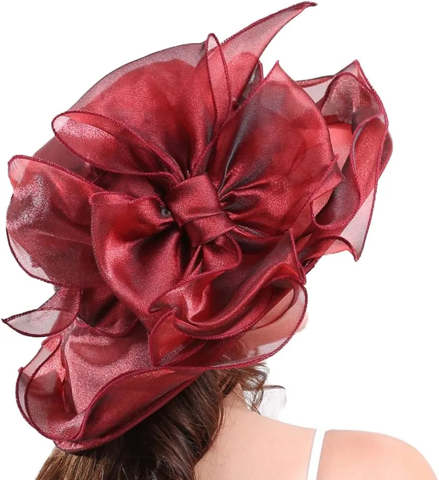 Women Organza Hat Church Cap Cocktail Tea Party Wedding Flower Hat Summer Wide Brim Sun Hat