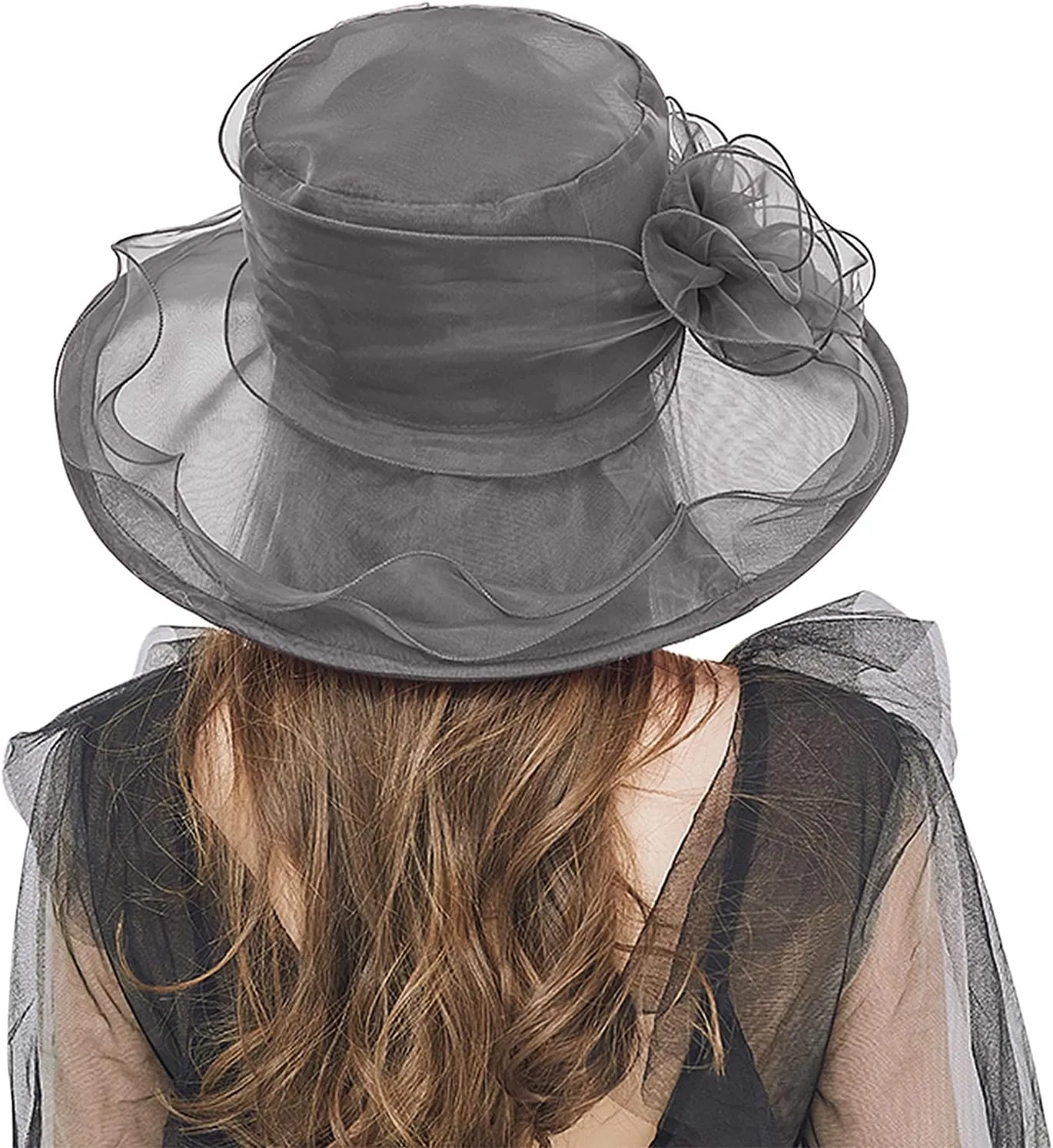 Women Organza Hat Church Cap Cocktail Tea Party Wedding Flower Hat Summer Wide Brim Sun Hat