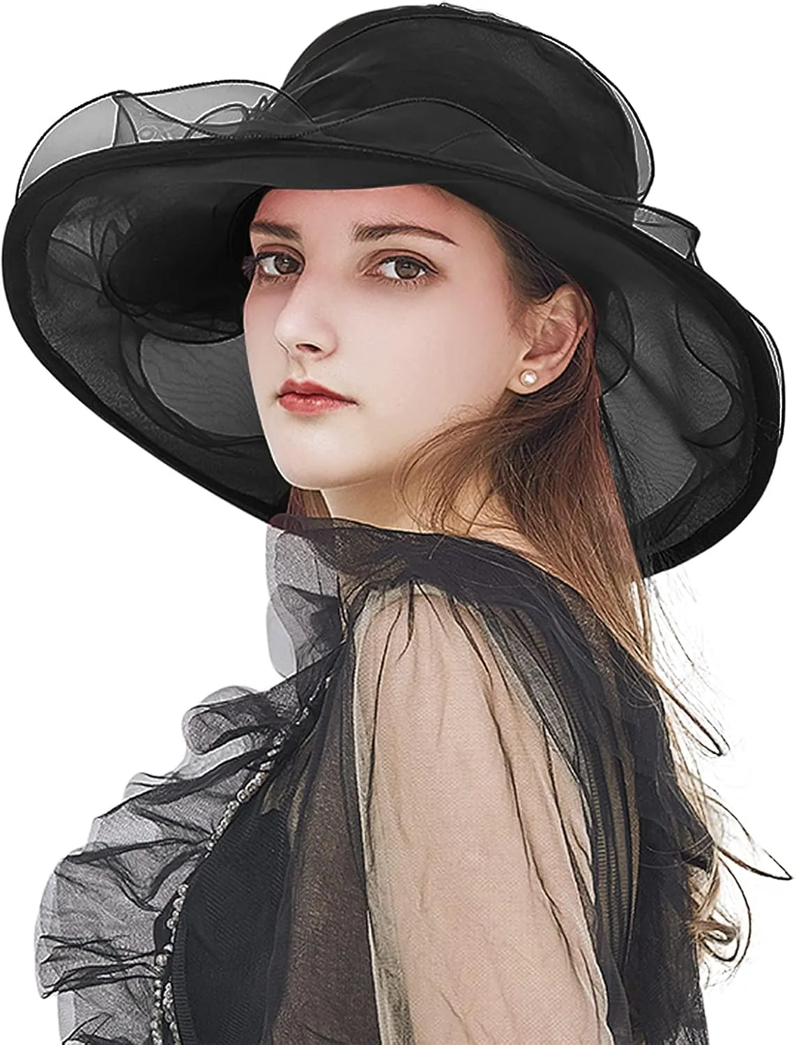 Women Organza Hat Church Cap Cocktail Tea Party Wedding Flower Hat Summer Wide Brim Sun Hat