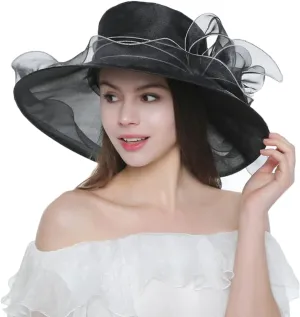 Women Organza Hat Church Cap Cocktail Tea Party Wedding Flower Hat Summer Wide Brim Sun Hat