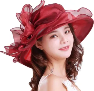 Women Organza Hat Church Cap Cocktail Tea Party Wedding Flower Hat Summer Wide Brim Sun Hat