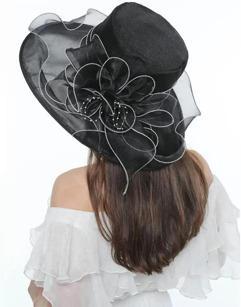 Women Organza Hat Church Cap Cocktail Tea Party Wedding Flower Hat Summer Wide Brim Sun Hat