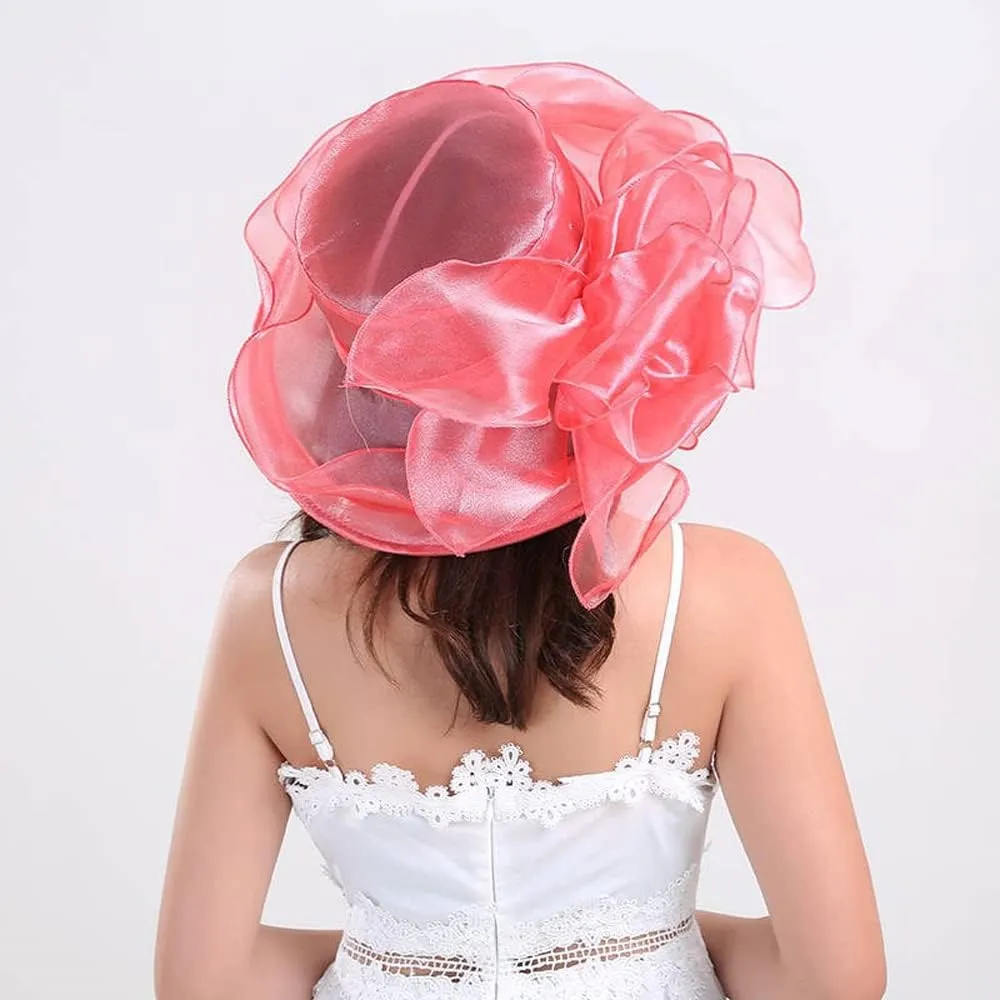 Women Organza Hat Church Cap Cocktail Tea Party Wedding Flower Hat Summer Wide Brim Sun Hat