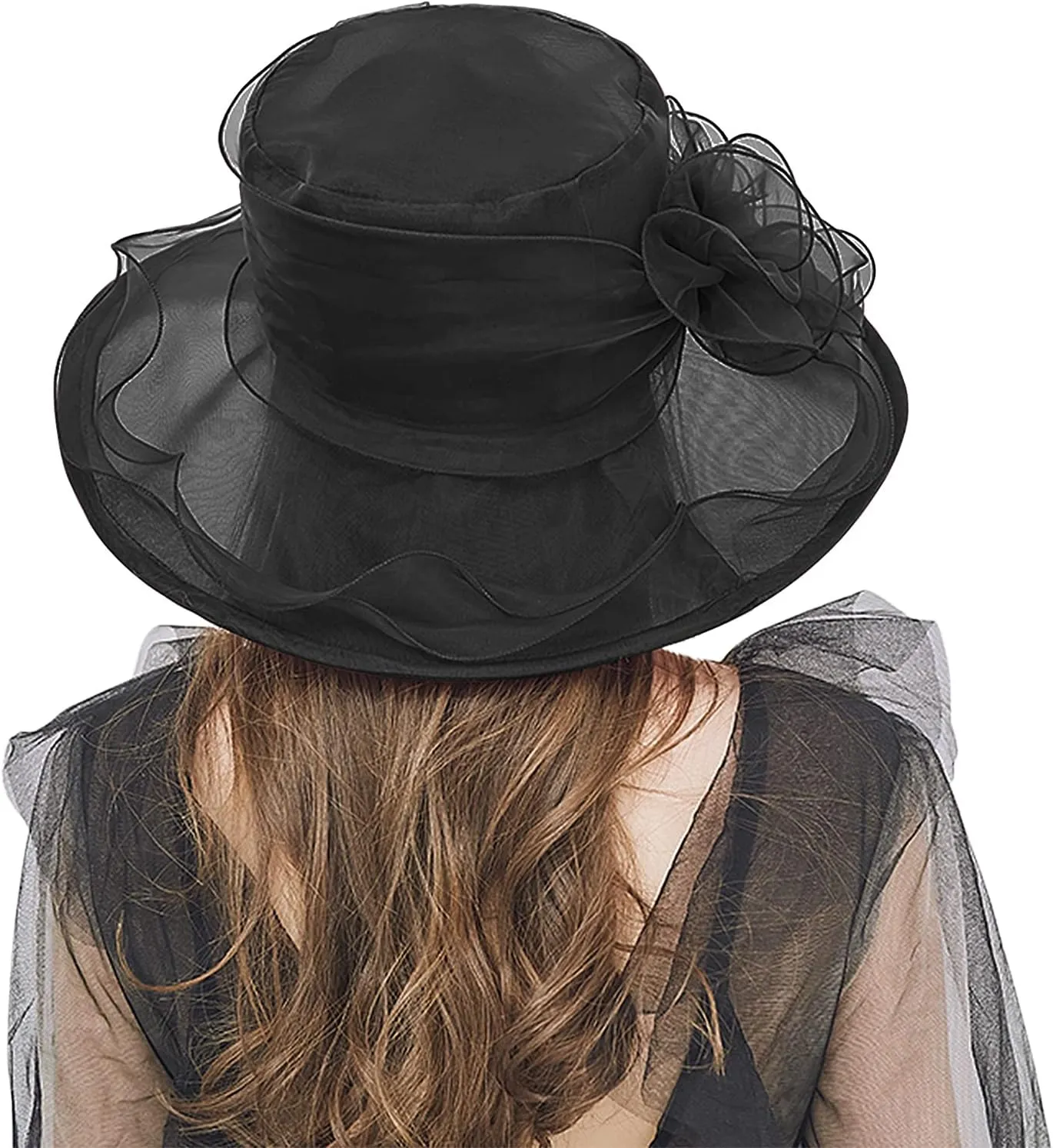 Women Organza Hat Church Cap Cocktail Tea Party Wedding Flower Hat Summer Wide Brim Sun Hat
