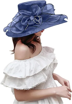 Women Organza Kentucky Sun-Hats - Wide-Brim Flower Church Hats Beach Derby Hat for Tea Party Wedding Bridal Dress