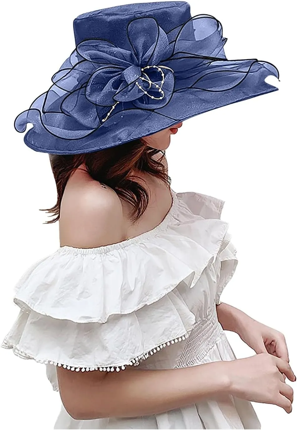 Women Organza Kentucky Sun-Hats - Wide-Brim Flower Church Hats Beach Derby Hat for Tea Party Wedding Bridal Dress