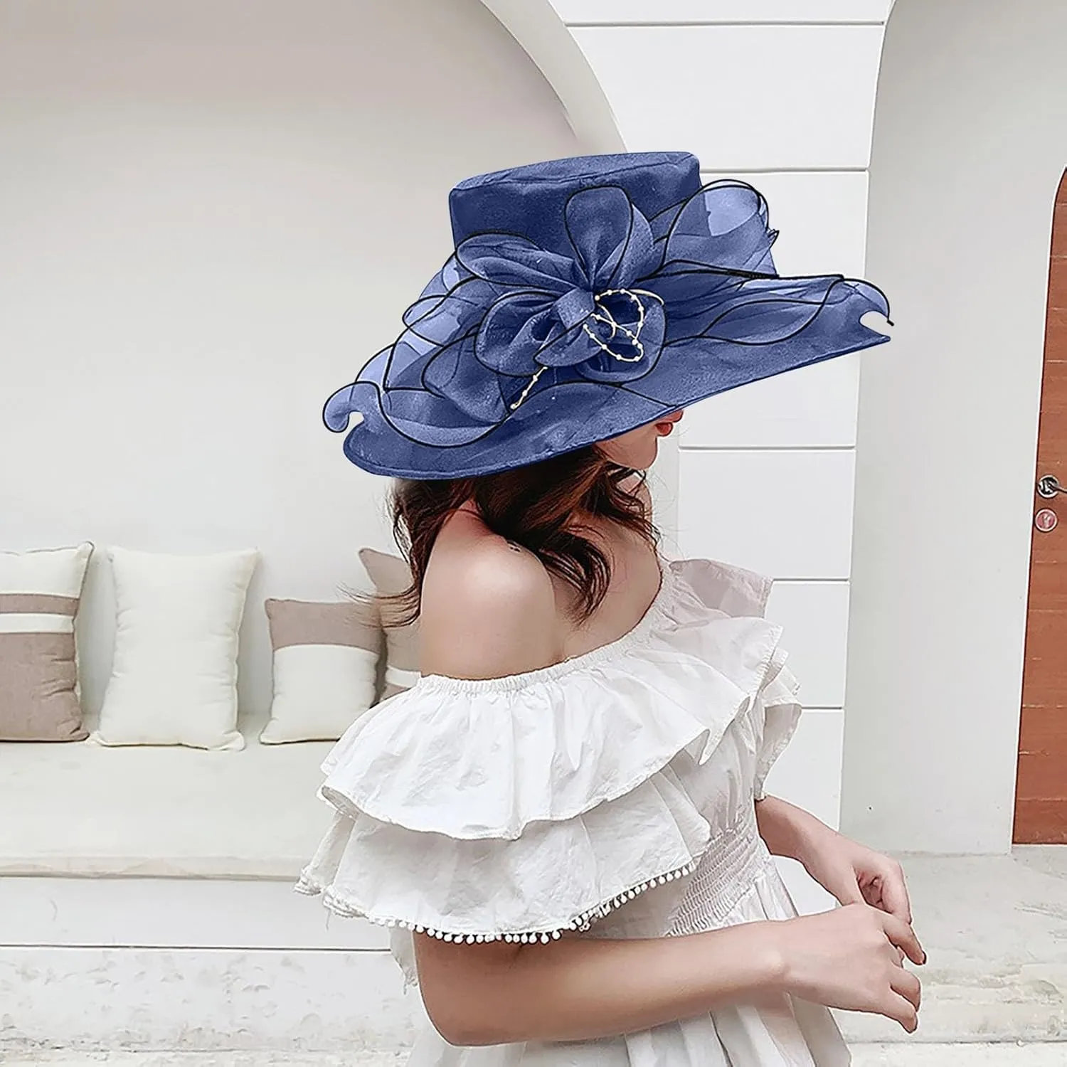 Women Organza Kentucky Sun-Hats - Wide-Brim Flower Church Hats Beach Derby Hat for Tea Party Wedding Bridal Dress