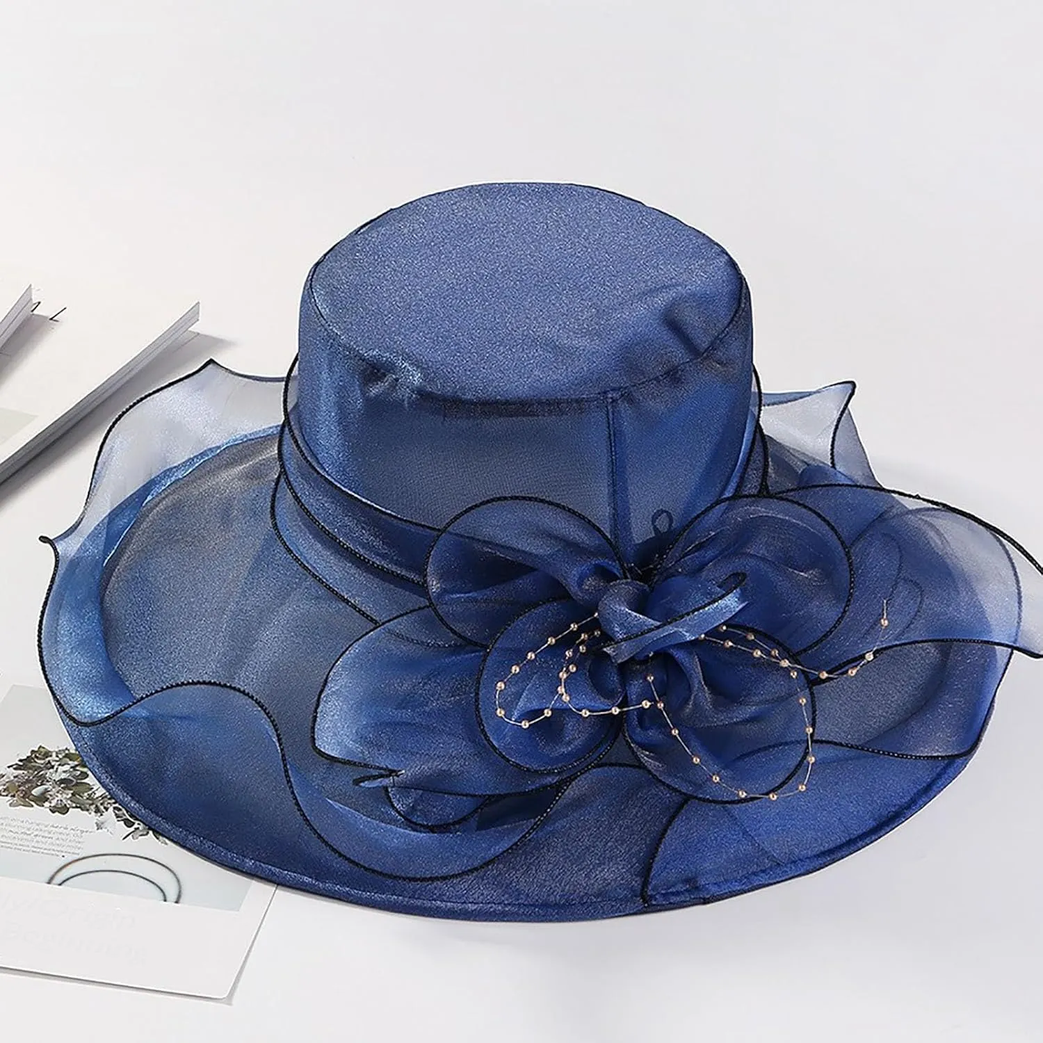 Women Organza Kentucky Sun-Hats - Wide-Brim Flower Church Hats Beach Derby Hat for Tea Party Wedding Bridal Dress