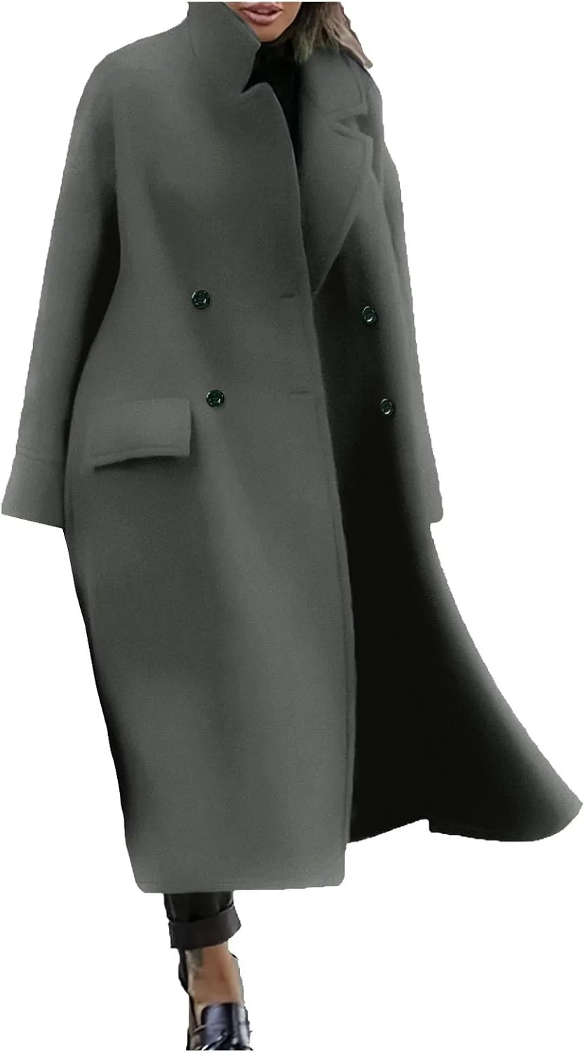 Women Oversized Long Winter Coats Warm Wool Blend Pea Trench Coat Overcoat Womens Fall Fashion 2024