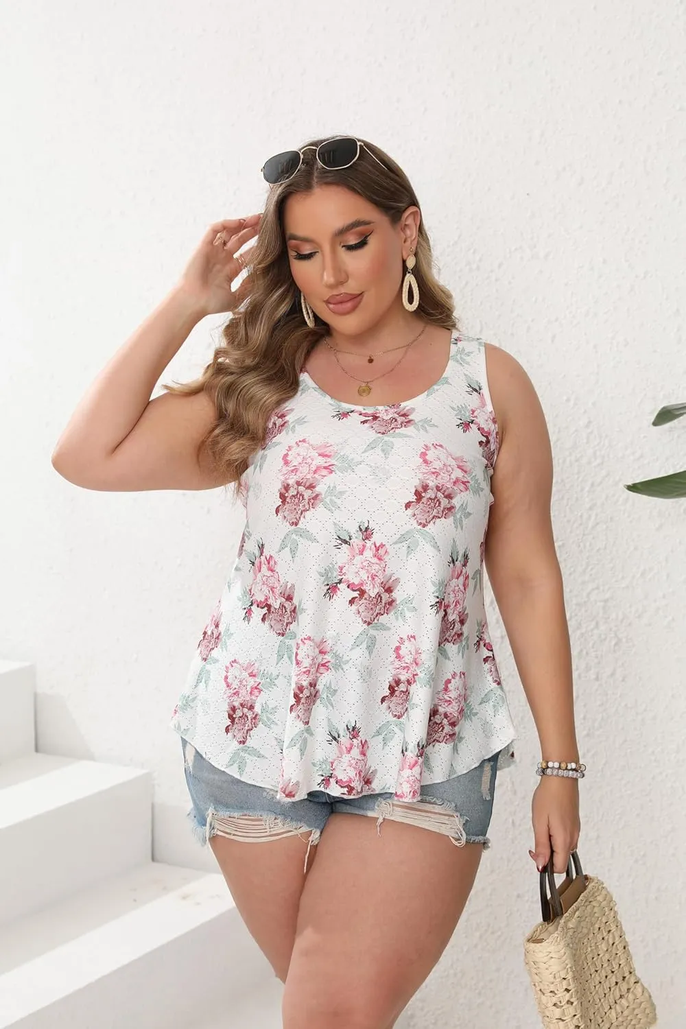 Women Plus Size Fashion Eyelet Tank Tops Flowy Scoop Neck Loose Fit Tank-Top Sleeveless Cami Camisole Shirts 1X-5X