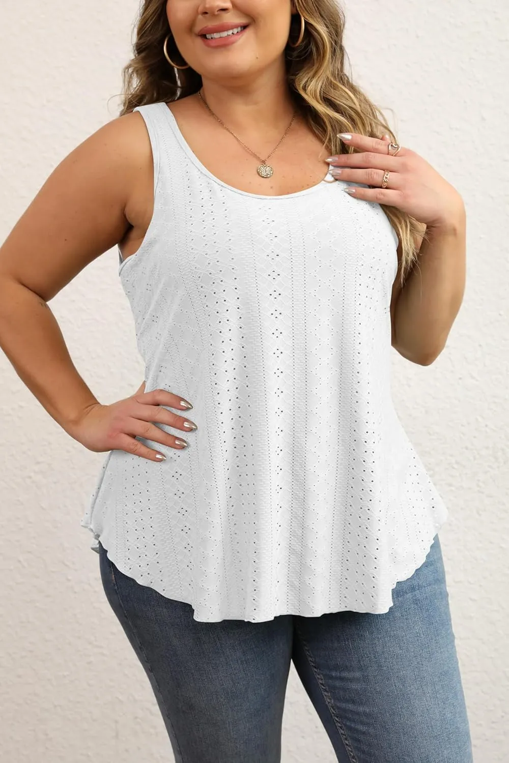 Women Plus Size Fashion Eyelet Tank Tops Flowy Scoop Neck Loose Fit Tank-Top Sleeveless Cami Camisole Shirts 1X-5X