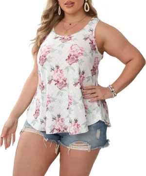 Women Plus Size Fashion Eyelet Tank Tops Flowy Scoop Neck Loose Fit Tank-Top Sleeveless Cami Camisole Shirts 1X-5X