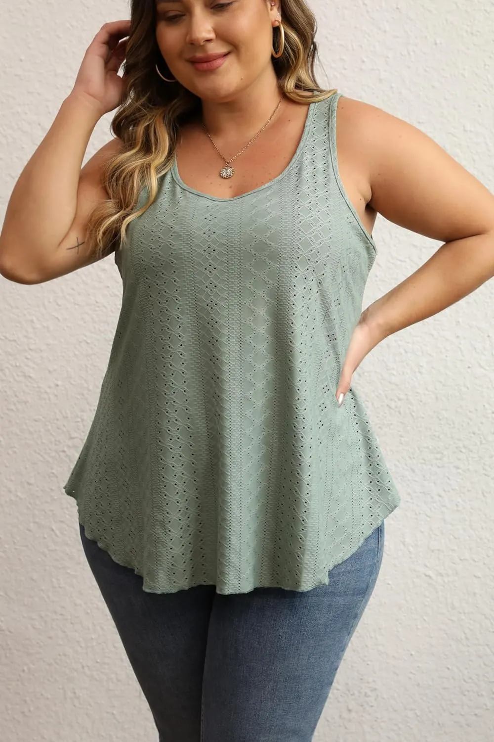 Women Plus Size Fashion Eyelet Tank Tops Flowy Scoop Neck Loose Fit Tank-Top Sleeveless Cami Camisole Shirts 1X-5X