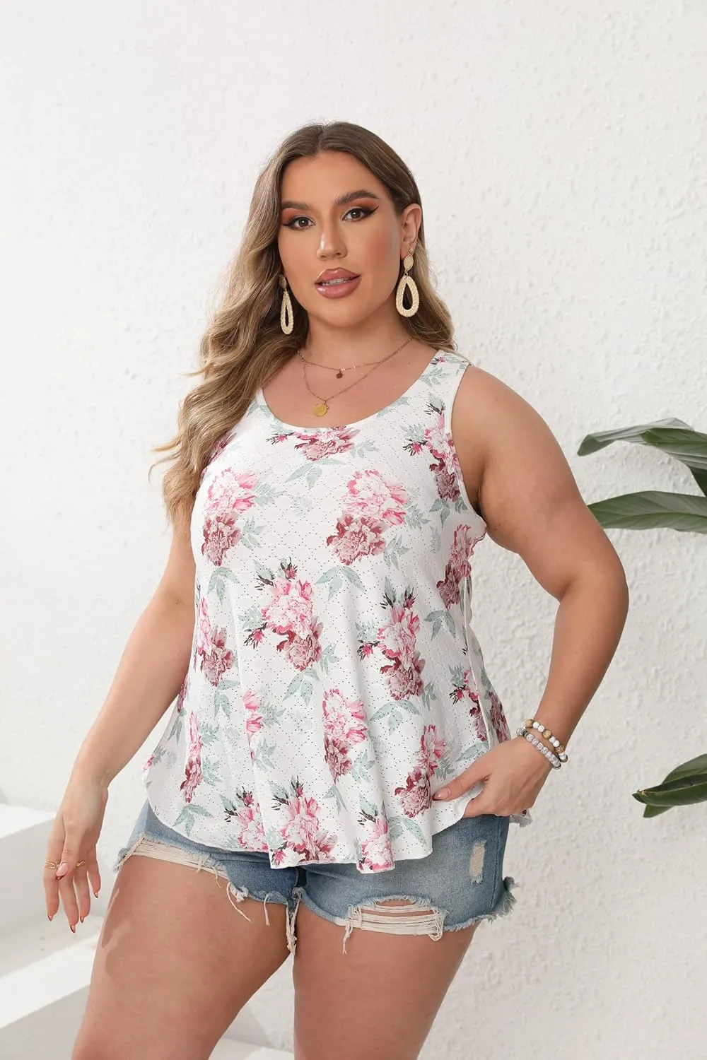 Women Plus Size Fashion Eyelet Tank Tops Flowy Scoop Neck Loose Fit Tank-Top Sleeveless Cami Camisole Shirts 1X-5X