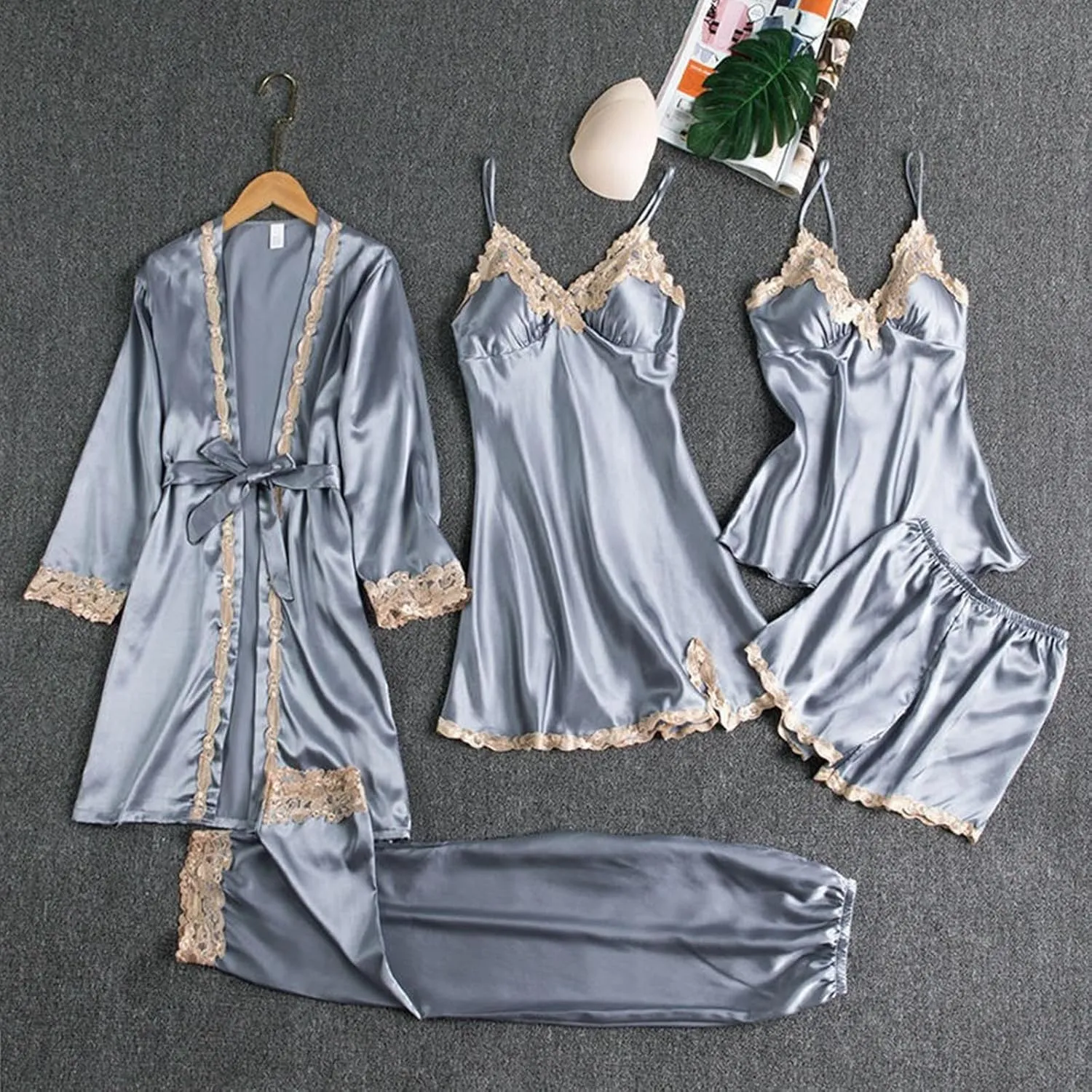 Women Satin Pajamas Set 5 Piece Sleepwear Comfy Spring Summer Pjs Outfits Casual Loungewear Nightgown
